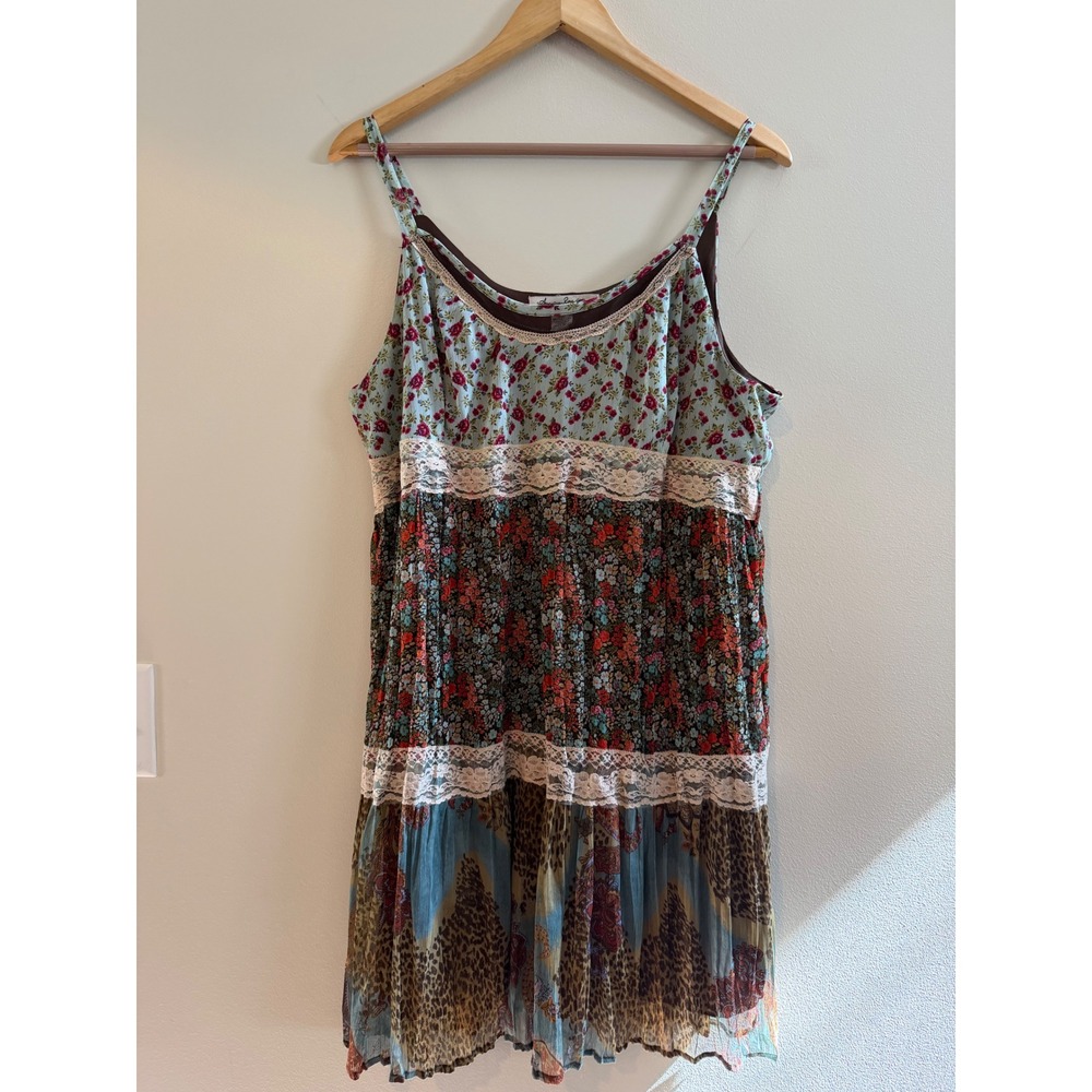 American Rag Mixed Floral Print Lace Tiered Boho Cami festival Dress XL